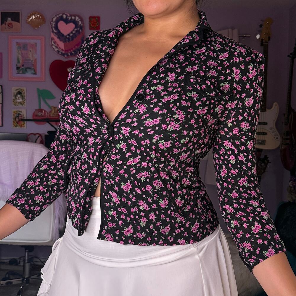 Vintage 90s / Y2K purple and black floral silk blazer - Picture 3 of 8